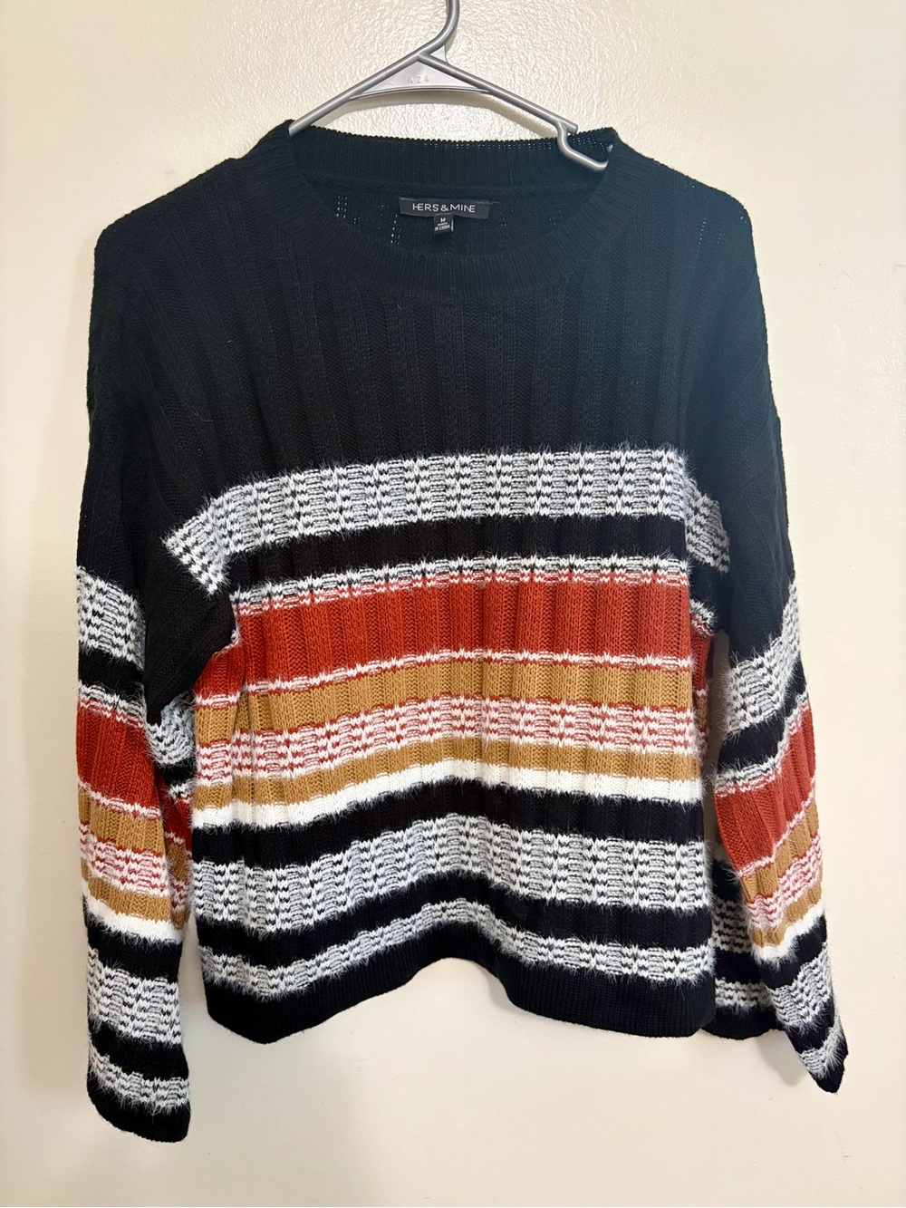 Hers & Mine Black Striped Crewneck Sweater with Rust and Mustard Accents
